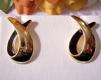 Black Swirl Loop Pierced Post Stud Earrings Gold Tone Vintage Avon Graduated Band Open Discs
