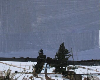 Home Turn, Original Winter Landscape Collage Painting on Panel, 8 x 8 Inches, Stooshinoff