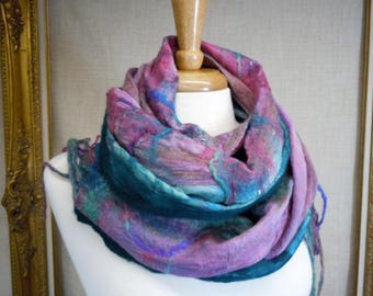 Nuno Felted Wool and Silk Scarf in Pink, Lavender, Green, Aqua