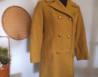 Woman's Mustard Yellow Wool coat vintage 1960s ~ Ladies Long Winter coat Double Breasted Lined USA