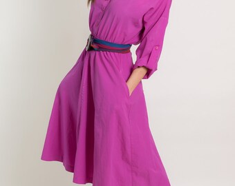 Vintage Fuchsia Belted Shirt Waist Dress (Size Medium)