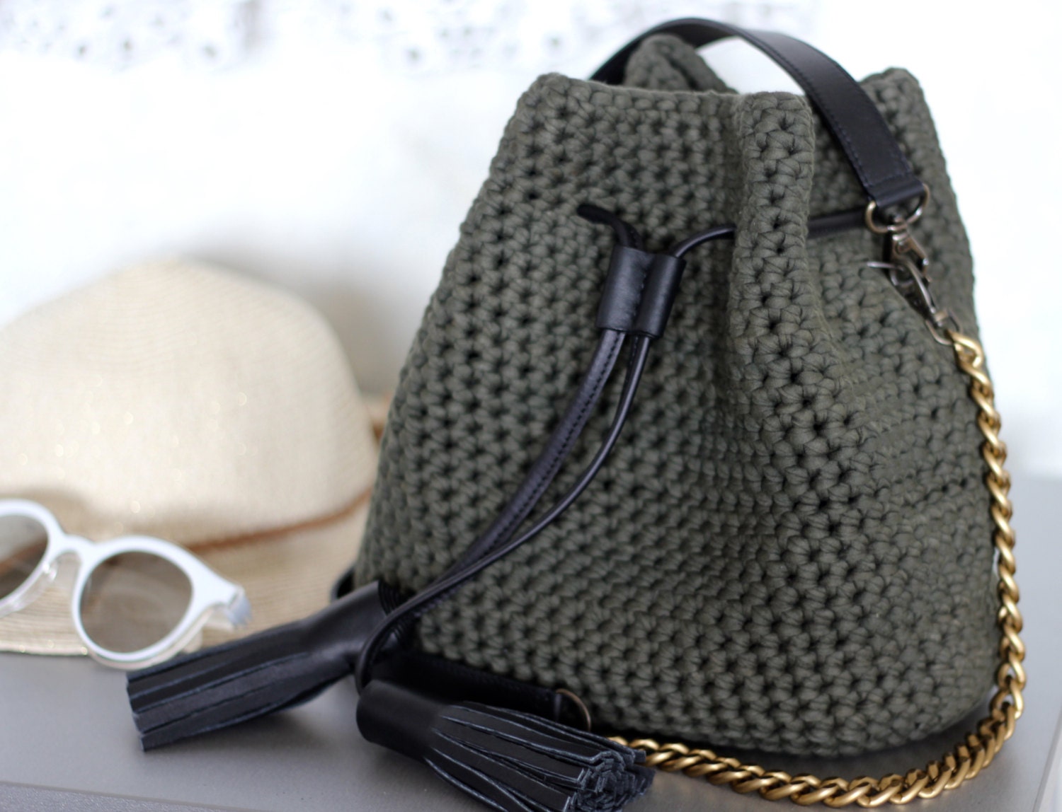 Crochet bucket purse Mini bucket bag T shirt yarn green