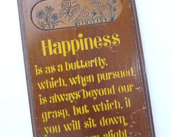 Happiness Plaque, Vintage Wooden Plaque, Vintage Home Decor, Butterfly, Hawthorne, MOM, Vintage Wall Hanging, Beveled Edge, Wood Plaque