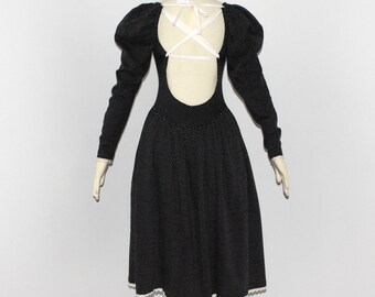 Vintage BETSEY JOHNSON Punk Label Black White Dot Stretch Knit Lace Up Backless Peplum Dress
