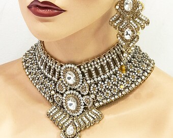 Bridal jewelry set, Wedding jewelry set, Antique Gold Crystal bridal bib necklace earrings, Luxury Indian Bollywood kundan fashion jewelry