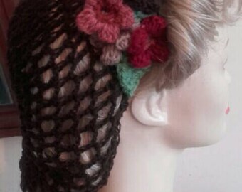 1940s hairnet, vintage style snood,crochet snood,dark Brown hairnet, brown snood