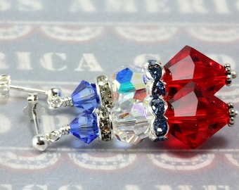 Swarovski Patriotic Earrings, Red White Blue Earrings, Fourth of July, USA Patriotic, Sterling Silver