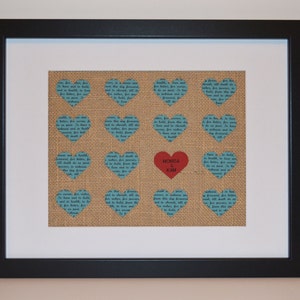 Customized Gift for Newlyweds- Burlap Print, First Anniversary, Rustic Home Decor, Framed Wedding Vows, Wedding Hearts, Vow Display