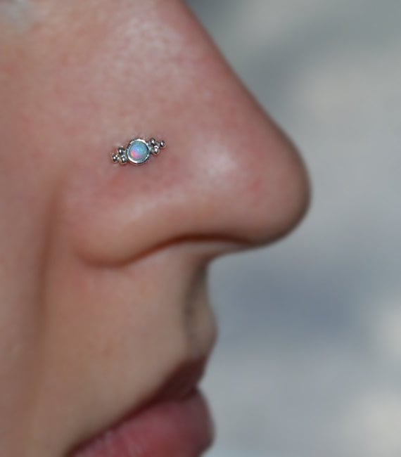 Silver NOSE STUD // Light Blue Opal Nose Ring Forward Helix