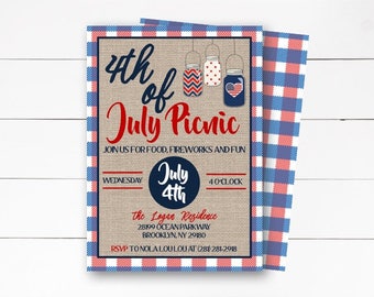 4th of July Invitation, Independence Day Invitation, Picnic and Fireworks Invitation, Patriotic Invitation, Red White and Blue, DIY/Printed