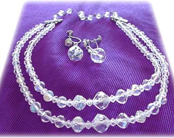 Carnival Glass Crystal 2 Stranded Necklace with Earrings