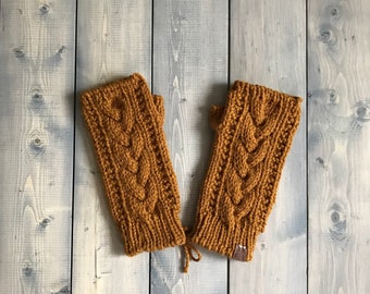 Adult ‘Trinity’ Knit Fingerless Gloves - Mustard