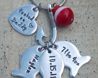 Custom personalized name fishing keychain with fish hook tackle lure bobber great gift for dad Papa grandpa daddy father's Day Hand Stamped