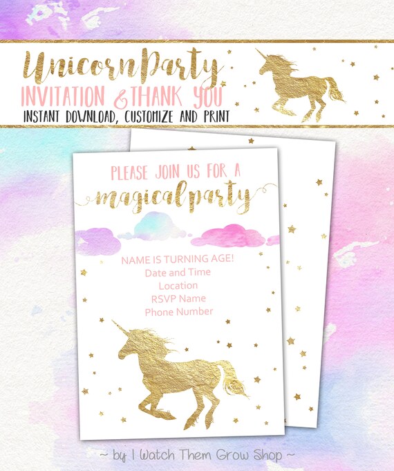 unicorn party invitation thank you card editableprintable