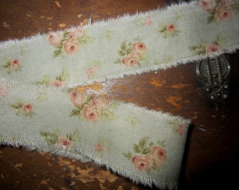 Tattered Tea Stained Fabric Ribbon Robin Egg Blue Peach Roses 1" Rare Fabric