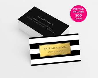 Gold Striped Printed Business Cards - business cards,business card design,custom business card,cards,printing,hair,black and white,gold,lips