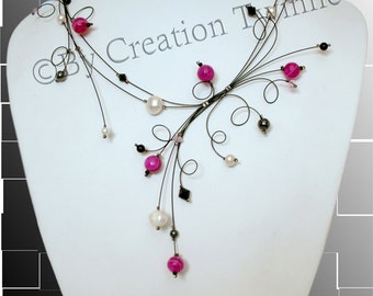 Collier Ivoire noir fushia, cadeaux de demoiselles d’honneur, fête des mères cadeaux fête, mariage faveurs, conception de bijoux uniques, collier illusion, dessins des remous