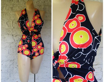 1970s Mod Swimsuit / One Piece Swimsuit / Vintage Swimsuit / Navy Blue Swimsuit / Pin Up Swimsuit / Vintage 70s Mod Circle Swimsuit S/M