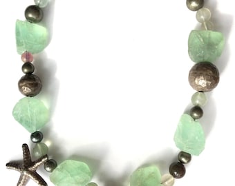 Vintage 80’s Sterling Silver Starfish Raw Fluorite Nautical Toggle Necklace