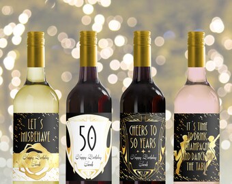 Editable Wine Bottle Labels for 50th Birthday (printable), Custom roaring 20, Great Gatsby Bottle Labels, Personalized Mini Wine bottle