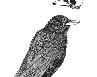 crow thoughts: funeral ORIGINAL illustration ink on paper 6 x 6