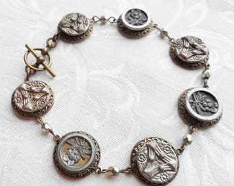 Antique Button Bracelet, Floral Design, Shades of Gray Tint, Sample Buttons, Antique Brass, Tin Rim, Timeless Trinkets