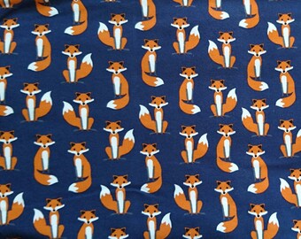 Jersey knit, orange background foxes Navy Blue