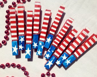4th of JULY party favors red white and blue stars and stripes American flag hand painted magnetic clothespin set of 10 Independence Day