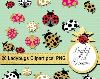 Ladybugs Clip Art Collection PNG, Cute Ladybug Black & White, Gold Ladybirds Image, Silhouette, Ladybird Printables, Scrapbook Images Pink