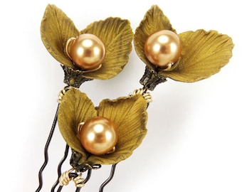 Vintage Style Gold Green Leaf Hair Pins - Autumn Wedding Hair Pins, Rustic Wedding Hair Accessories