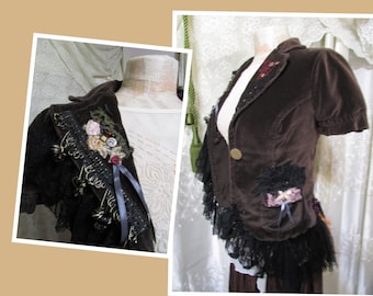 Brown Velvet Jacket, shabby gypsy jacket, extra small junior size, cute jacket lace beads buttons embellished