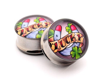Lucky Picture Plugs gauges - 16g, 14g, 12g, 10g, 8g, 6g, 4g, 2g, 0g, 00g, 7/16, 1/2, 9/16, 5/8, 3/4, 7/8, 1 inch