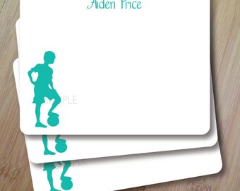Let's Play Soccer, Personalized Stationary, Silhouette Flat Note Cards, Set of 10, Professionally Printed