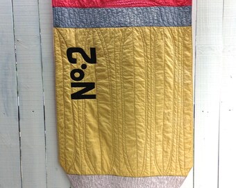 Yellow No. 2 Pencil Quilt, Organic Quilt, Pencil Quilt, Fiber Art Quilt, Teacher Gifts, Classroom Decor
