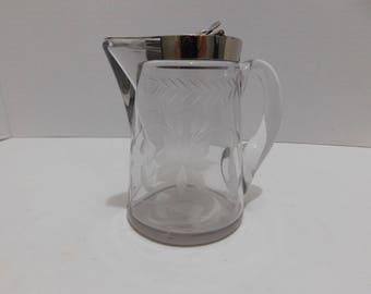 Beautiful Antique Heavy Etched Glass Syrup Pitcher