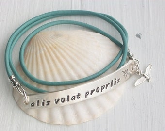 Latin Silver and Leather Bracelet with Bird Charm She Flies With Her Own Wings - alis volat propriis