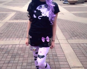Eyeball Bone Creepy Cute Bat Leggings, Bat Leggings, Pastel Goth Leggings, Lavender Eyeball Leggings