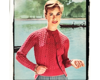 Instant Download PDF Knitting Pattern to make a Womens Cable Cardigan Short Sleeve Sweater Twinset 3 Sizes 4 Ply Yarn 32 to 42 inch Bust