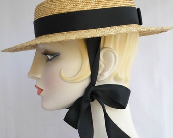 Gigi Straw Boater with Black Ribbon Ties, Straw Hat, Millinery, Edwardian