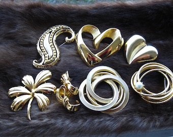 Six Gold Filled Vintage Heart and Circle Brooches