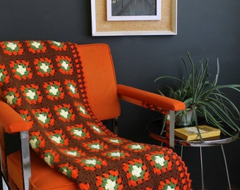 Vintage Crochet Granny Square Afghan Orange Brown Green and Cream Throw Blanket