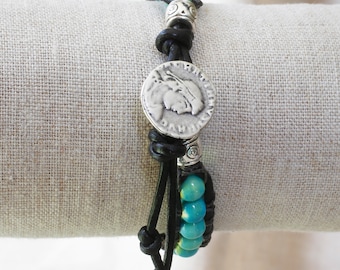 Black Leather Bracelet with Silver and Turquoise Beads