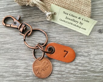 7th anniversary gift, USA copper wedding anniversary, 7 years married 2011 coin keyring United States penny clip key chain man husband woman