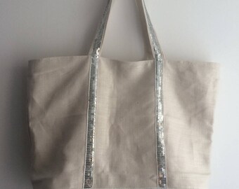 Beige linen tote bag / sequins tote bag / beige french linen and silver sequins shopper / large shopper