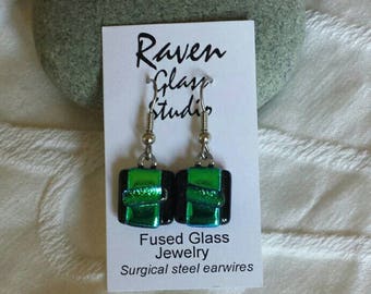 Turquoise Green Colored dichroic glass earrings, glass jewelry, Art glass earrings, Dangle earrings, Kiln fired glass earrings, EA264