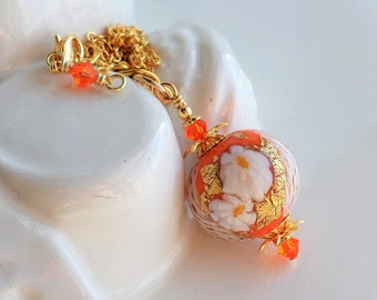 Orange Murano Glass Necklace, Gold Murano Glass Pendant Necklace, Orange Murano Jewelry, White Flower Venetian Glass Necklace, Gold Pendant