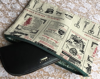 Clutch bag, zip pouch, french haberdashery pattern
