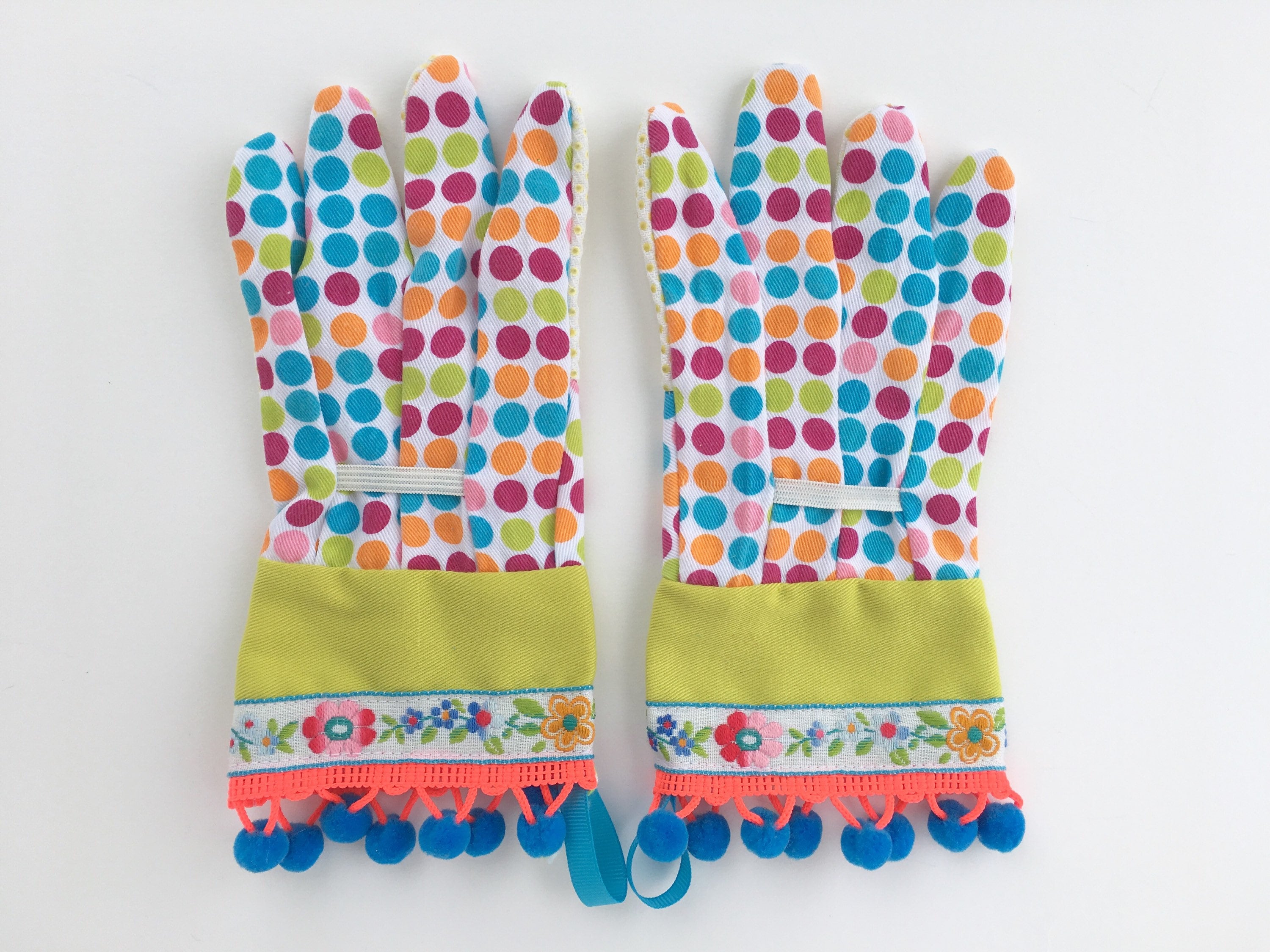 KIDS Designer Garden Gloves Flowers Neon Pom Poms