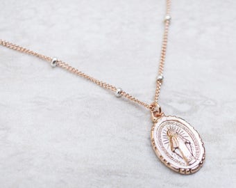 Rose Gold Miraculous Medal necklace with Ruby gemstones, Blessed Mother, Catholic Jewelry, Maid of Honor gift, Confirmation Gift