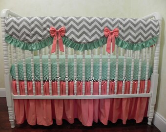 Coral and Mint Crib Bedding Set Jennifer - Girl Baby Bedding, Bumperless Crib Bedding, Scalloped Crib Rail Cover